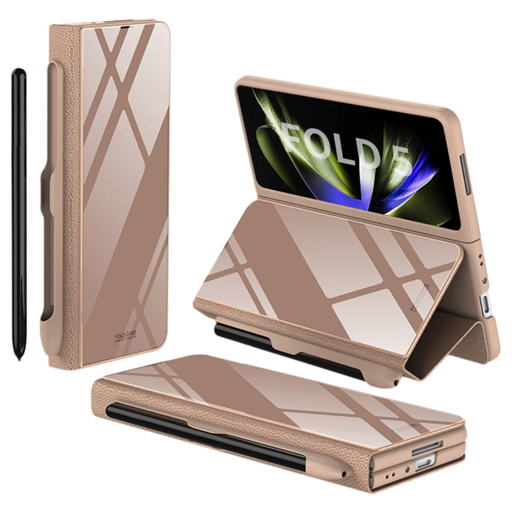 GKK For Samsung Galaxy Z Fold5 5G Pattern Printed Cover PU Leather Tempered Glass PC Pen Slot Phone Case (without Screen Protector)