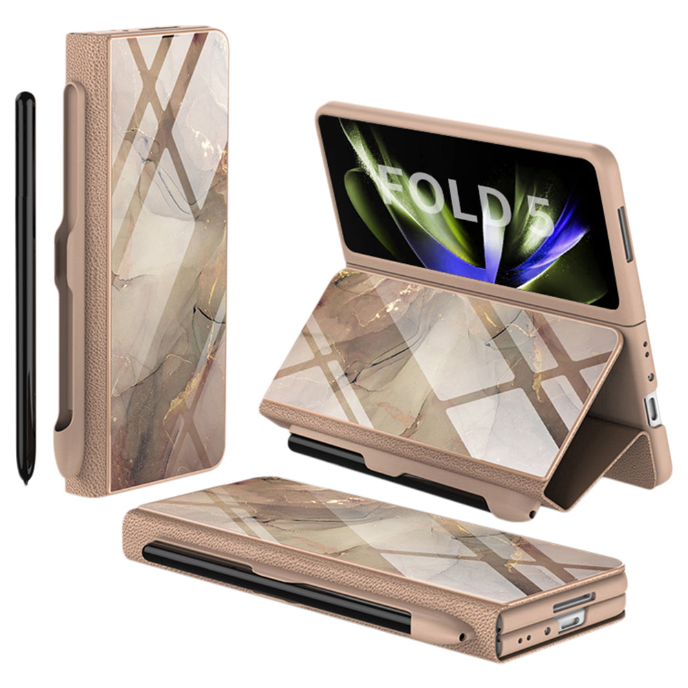GKK For Samsung Galaxy Z Fold5 5G Pattern Printed Cover PU Leather Tempered Glass PC Pen Slot Phone Case (without Screen Protector)