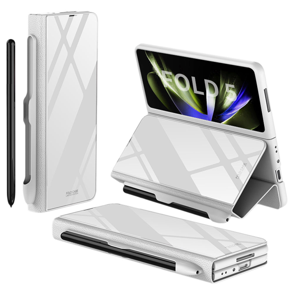 GKK For Samsung Galaxy Z Fold5 5G Pattern Printed Cover PU Leather Tempered Glass PC Pen Slot Phone Case (without Screen Protector)