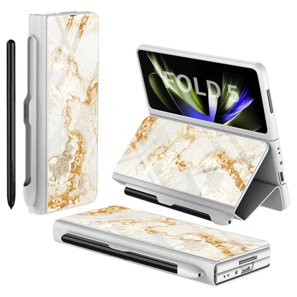 GKK For Samsung Galaxy Z Fold5 5G Pattern Printed Cover PU Leather Tempered Glass PC Pen Slot Phone Case (without Screen Protector)