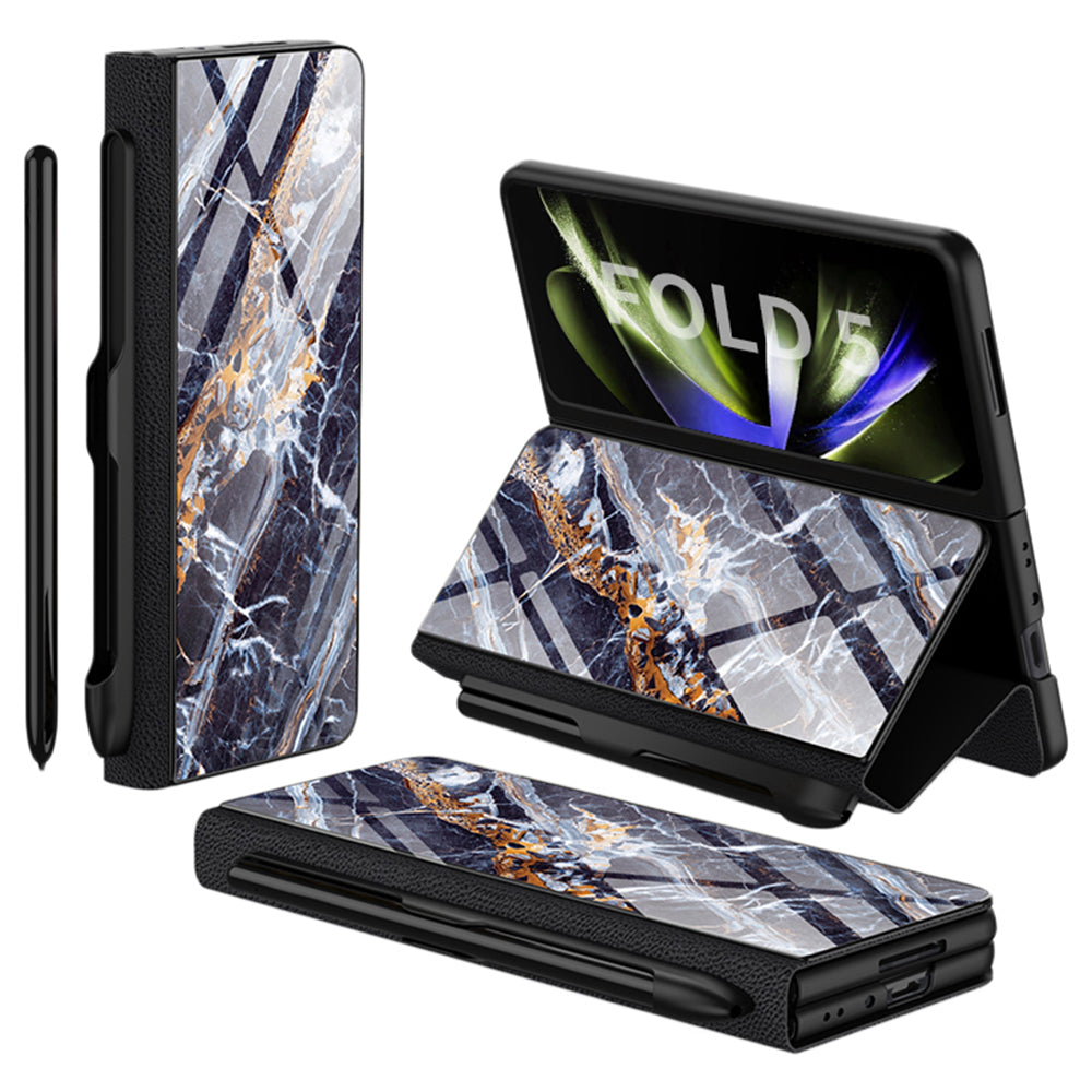 GKK For Samsung Galaxy Z Fold5 5G Pattern Printed Cover PU Leather Tempered Glass PC Pen Slot Phone Case (without Screen Protector)