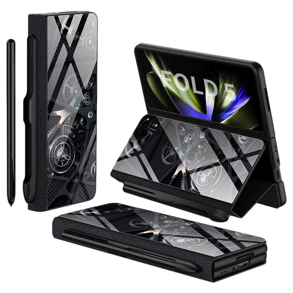 GKK For Samsung Galaxy Z Fold5 5G Pattern Printed Cover PU Leather Tempered Glass PC Pen Slot Phone Case (without Screen Protector)