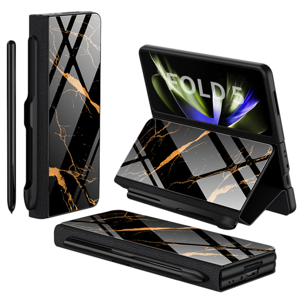 GKK For Samsung Galaxy Z Fold5 5G Pattern Printed Cover PU Leather Tempered Glass PC Pen Slot Phone Case (without Screen Protector)