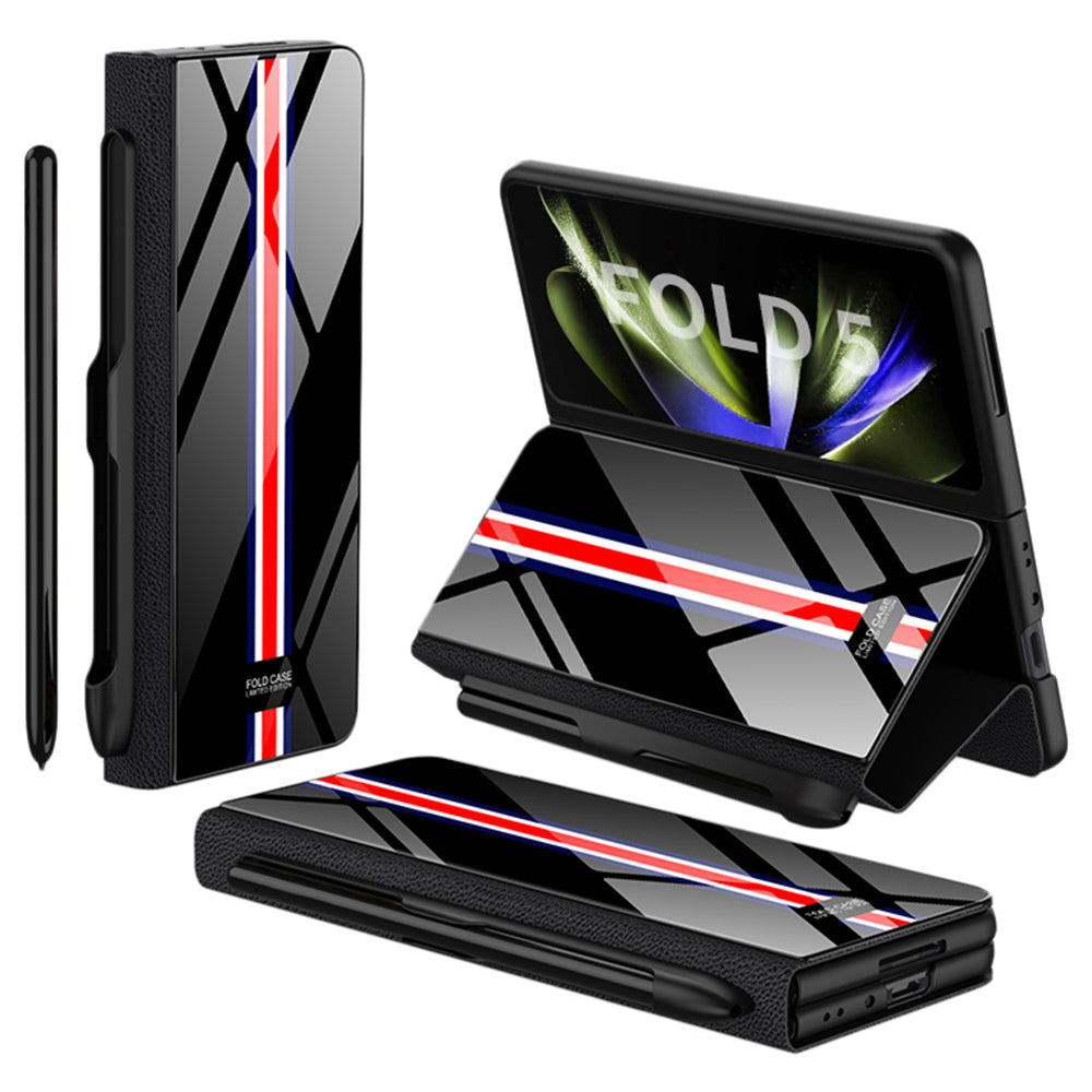 GKK For Samsung Galaxy Z Fold5 5G Pattern Printed Cover PU Leather Tempered Glass PC Pen Slot Phone Case (without Screen Protector)