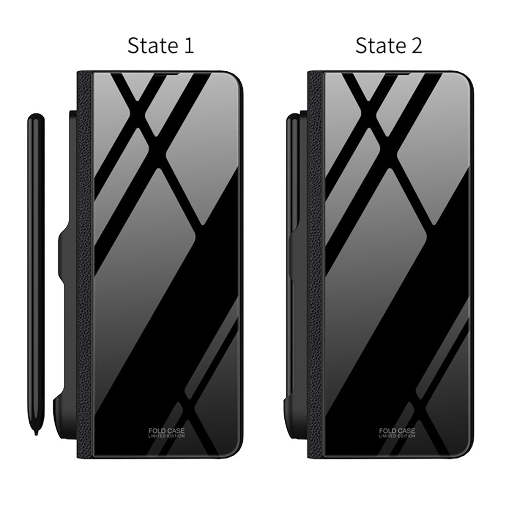 GKK For Samsung Galaxy Z Fold5 5G Pattern Printed Cover PU Leather Tempered Glass PC Pen Slot Phone Case (without Screen Protector)