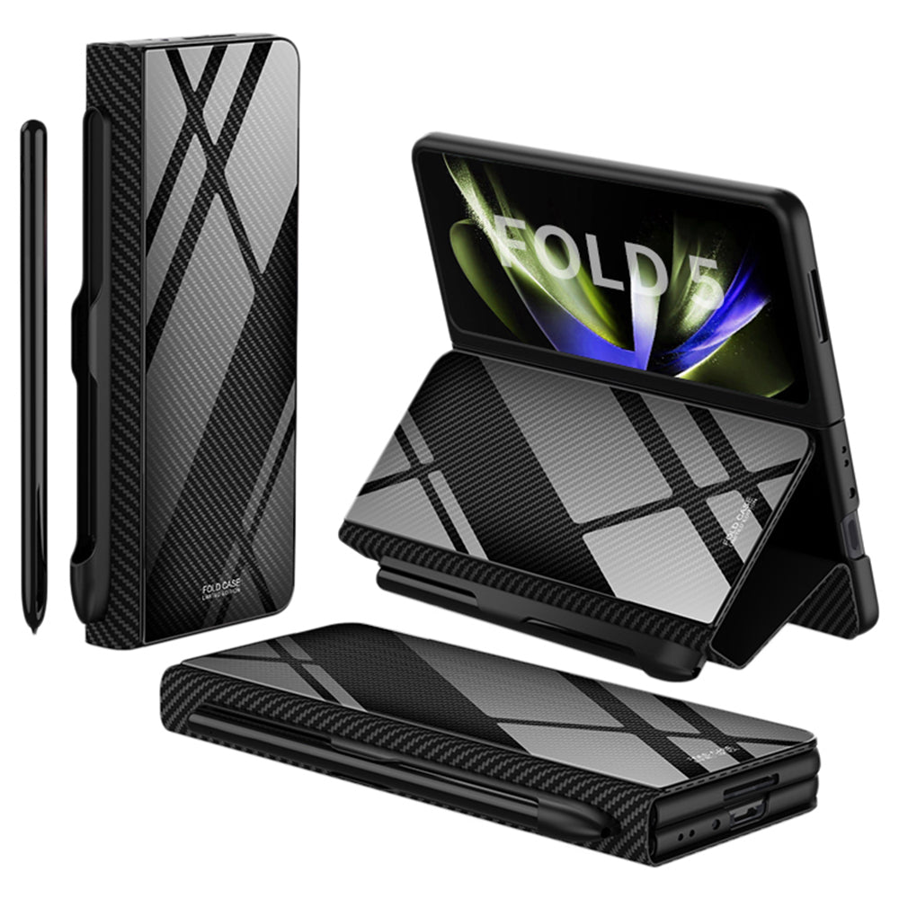 GKK For Samsung Galaxy Z Fold5 5G Pattern Printed Cover PU Leather Tempered Glass PC Pen Slot Phone Case (without Screen Protector)