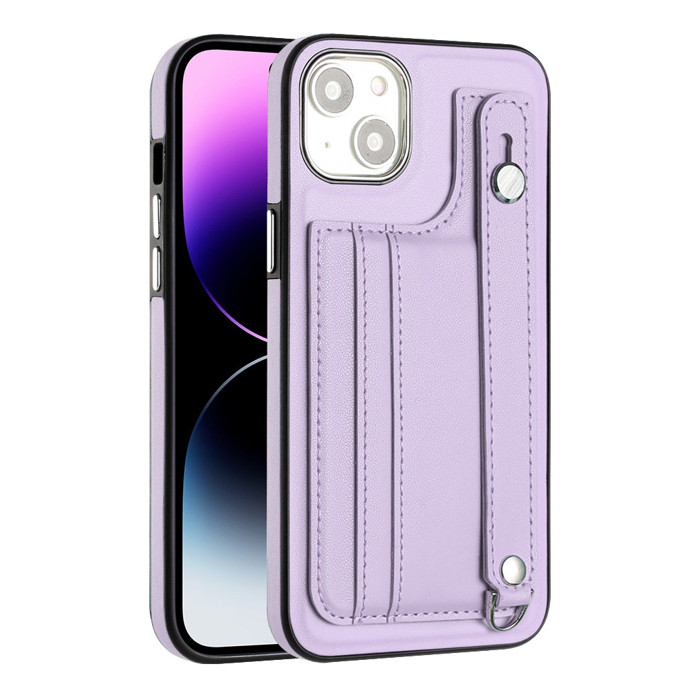 YB Leather Coating Series-5 For iPhone 15 Plus Card Holder Phone Case PU Leather TPU Strap Kickstand Cover