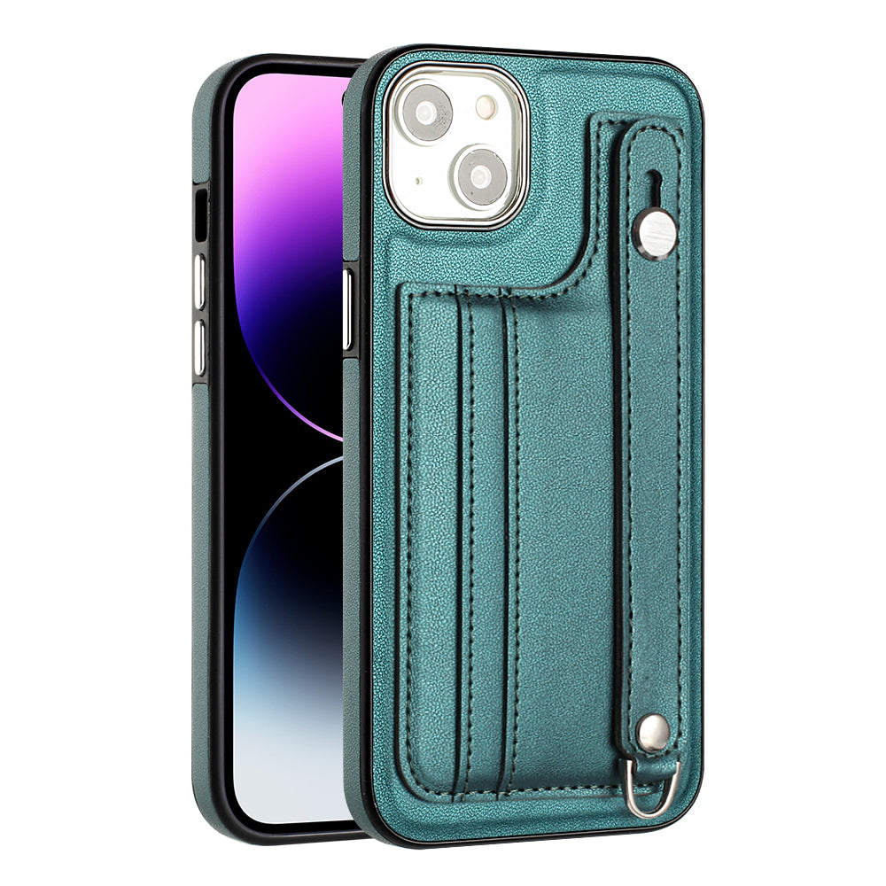 YB Leather Coating Series-5 For iPhone 15 Plus Card Holder Phone Case PU Leather TPU Strap Kickstand Cover