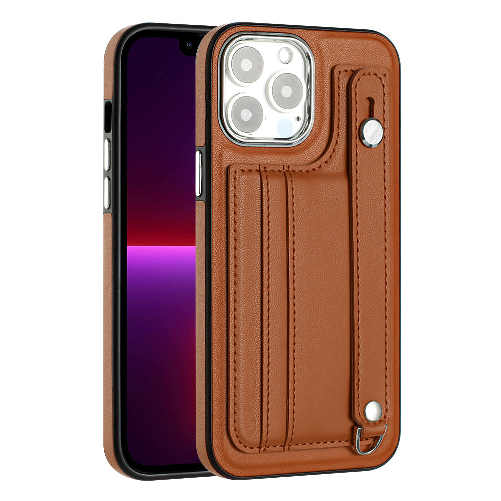 YB Leather Coating Series-5 For iPhone 15 Pro Phone Case Card Holder PU Leather TPU Strap Kickstand Cover