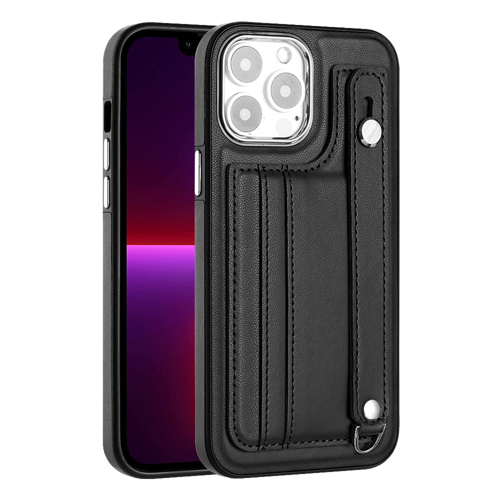 YB Leather Coating Series-5 For iPhone 15 Pro Phone Case Card Holder PU Leather TPU Strap Kickstand Cover