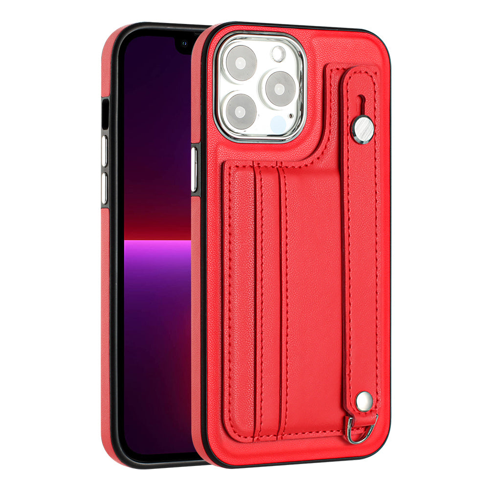 YB Leather Coating Series-5 For iPhone 15 Pro Phone Case Card Holder PU Leather TPU Strap Kickstand Cover