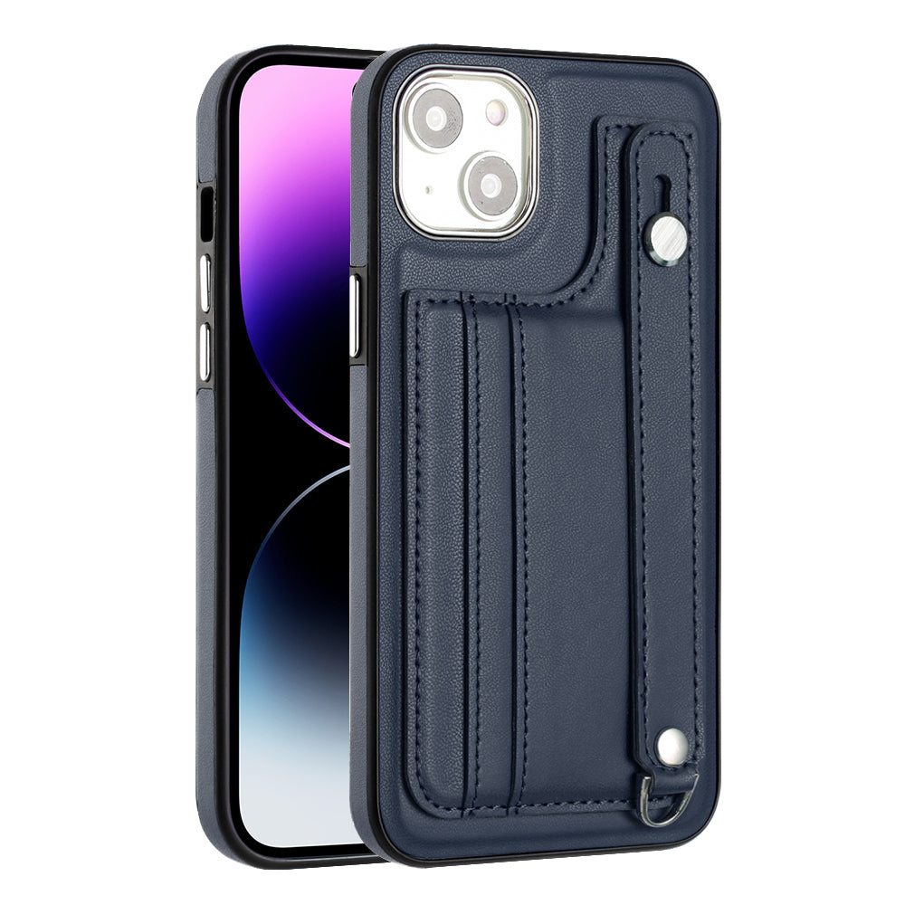 YB Leather Coating Series-5 pro iPhone 15 PU kožený držák karty TPU pouzdro na telefon Řemínek na stojánek Kryt