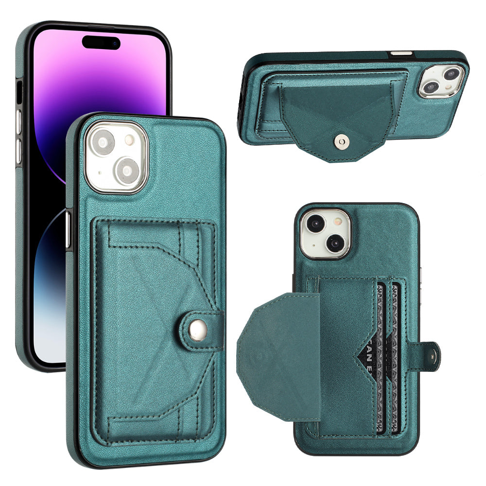 YB Leather Coating Series-4 Phone Case for iPhone 15 Plus Card Holder Kickstand Leather Coated TPU Cover