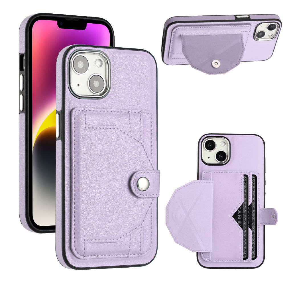 YB Leather Coating Series-4 Phone Case for iPhone 15 Card Holder Leather Coated TPU Cover with Kickstand