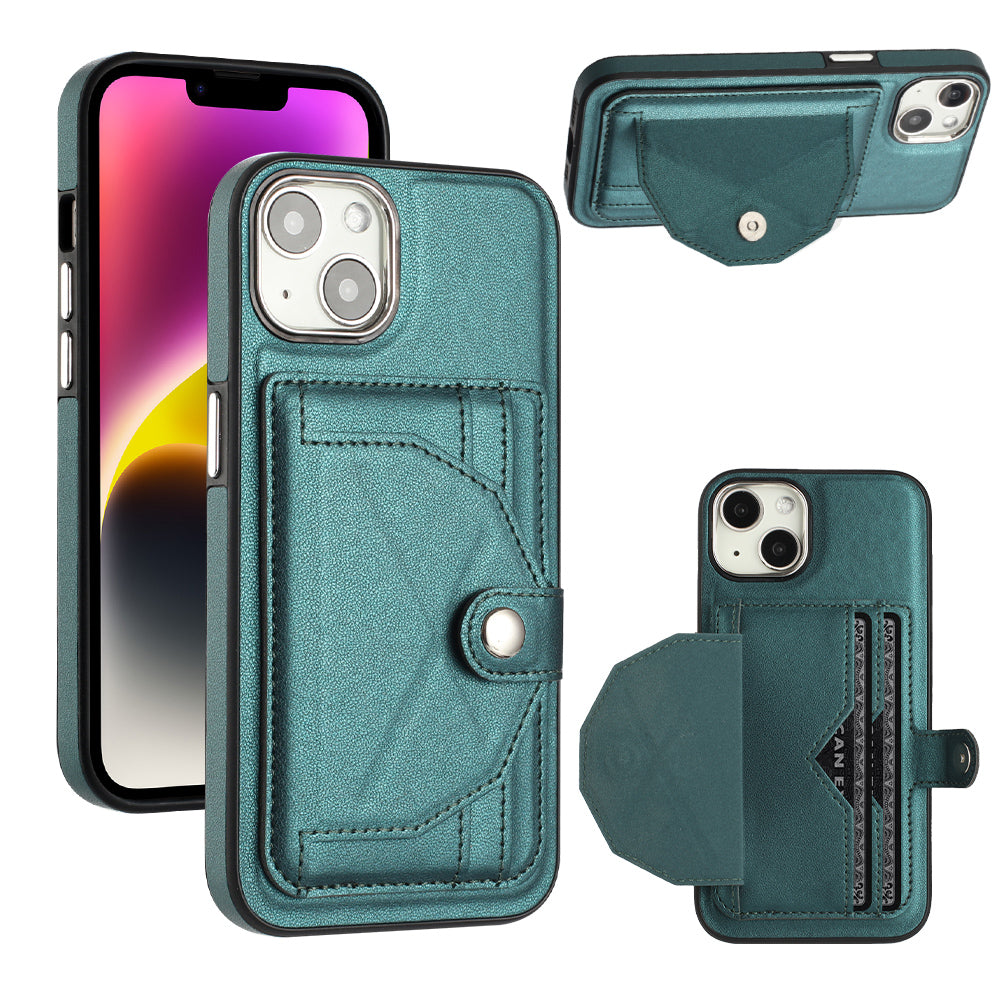 YB Leather Coating Series-4 Phone Case for iPhone 15 Card Holder Leather Coated TPU Cover with Kickstand