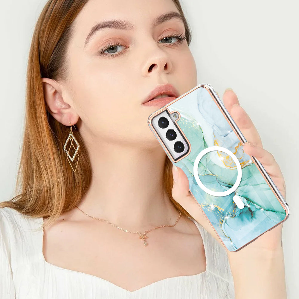 YB IMD Series-19 for Samsung Galaxy S21 FE 5G Magnetic Phone Case 2.0mm TPU Electroplating Pattern IMD Cover