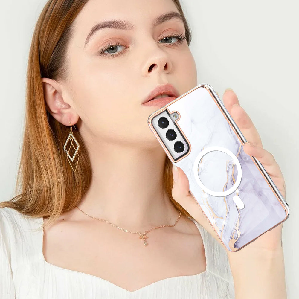 YB IMD Series-19 for Samsung Galaxy S21 FE 5G Magnetic Phone Case 2.0mm TPU Electroplating Pattern IMD Cover