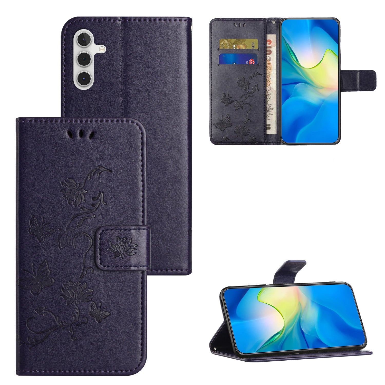 For Samsung Galaxy S23 FE PU Leather Wallet Phone Case Butterfly Flower Imprinted Stand Cover