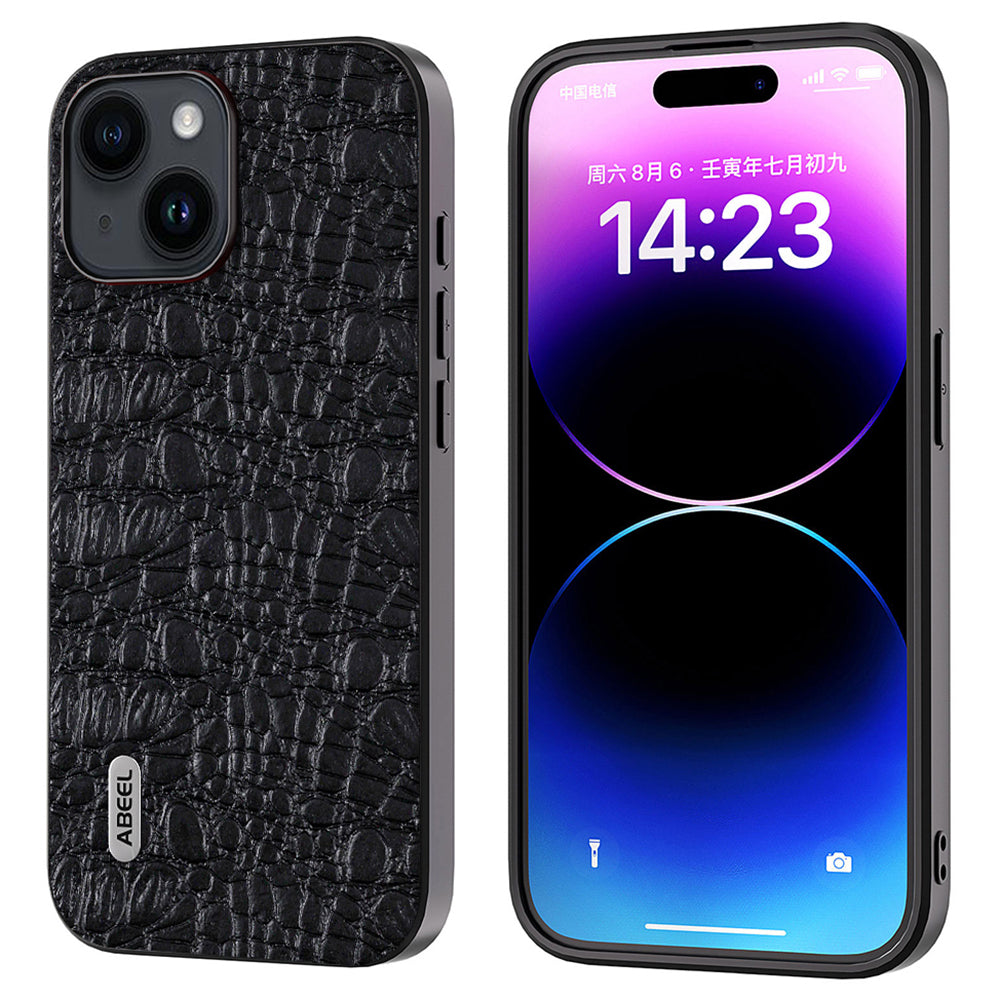 ABEEL For iPhone 15 Slim-Fit Phone Case Genuine Cow Leather Coated PC TPU Canopy Texture Cover