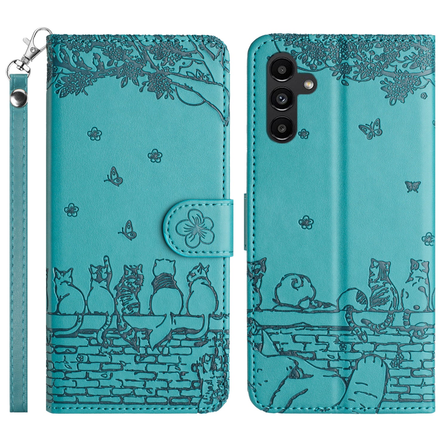 For Samsung Galaxy A14 4G 5G Phone Cover Leather Stand Imprinted Wall Cats Phone Case Wallet with Strap