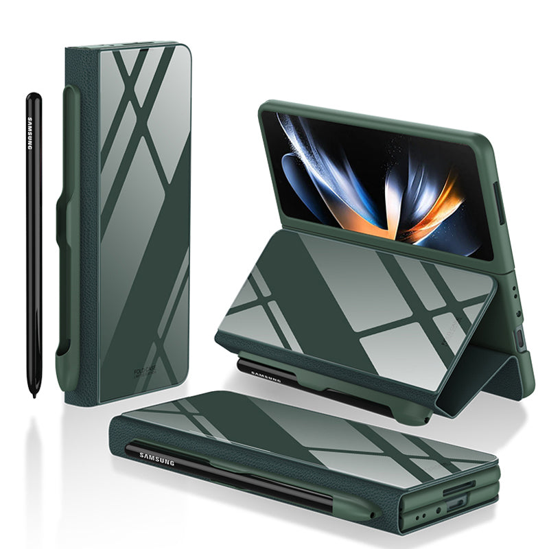 GKK til Samsung Galaxy Z Fold4 5G mønster telefonetui PU læder hærdet glas PC beskyttelsescover med kuglepen