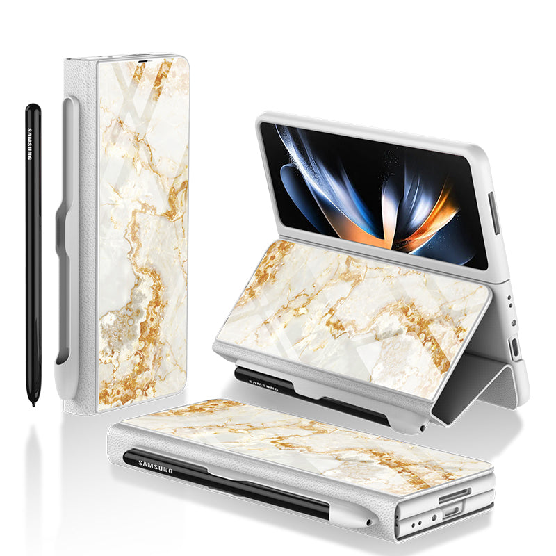 GKK til Samsung Galaxy Z Fold4 5G mønster telefonetui PU læder hærdet glas PC beskyttelsescover med kuglepen