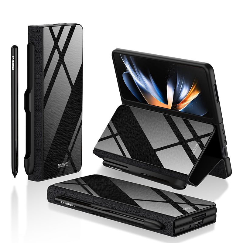 GKK til Samsung Galaxy Z Fold4 5G mønster telefonetui PU læder hærdet glas PC beskyttelsescover med kuglepen
