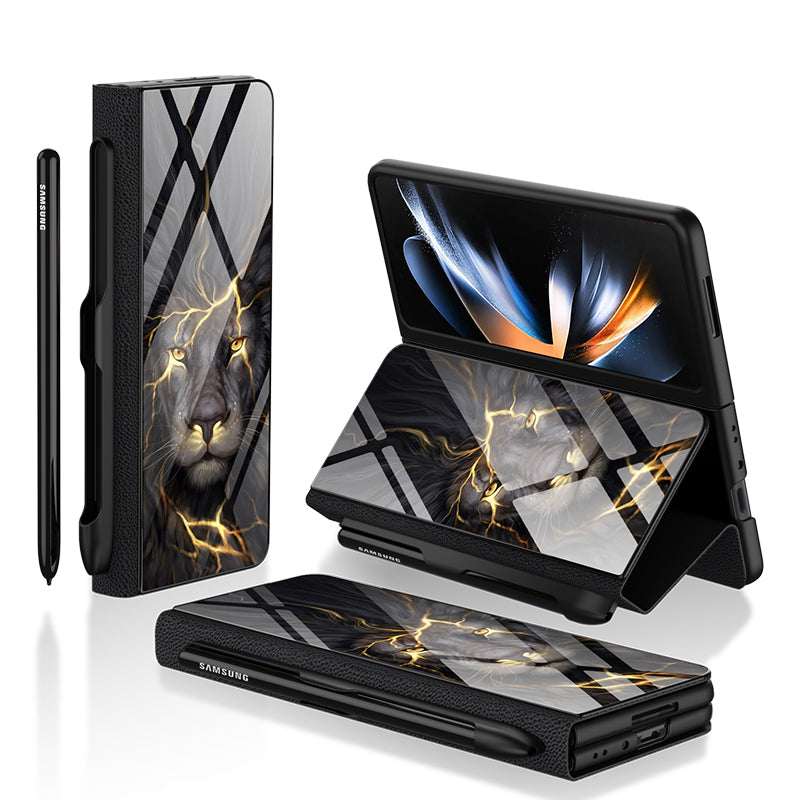 GKK til Samsung Galaxy Z Fold4 5G mønster telefonetui PU læder hærdet glas PC beskyttelsescover med kuglepen