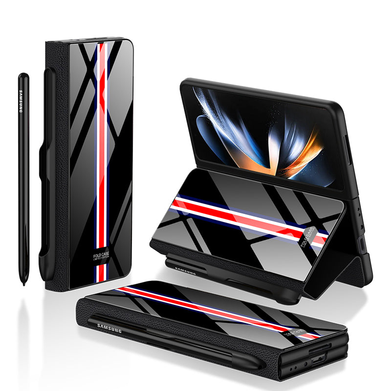 GKK til Samsung Galaxy Z Fold4 5G mønster telefonetui PU læder hærdet glas PC beskyttelsescover med kuglepen