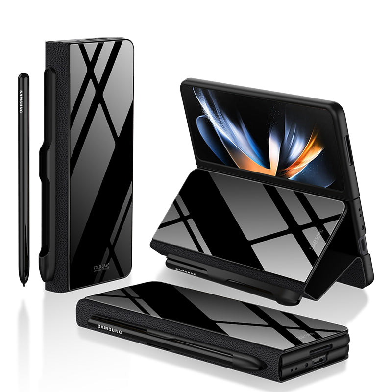 GKK til Samsung Galaxy Z Fold4 5G mønster telefonetui PU læder hærdet glas PC beskyttelsescover med kuglepen