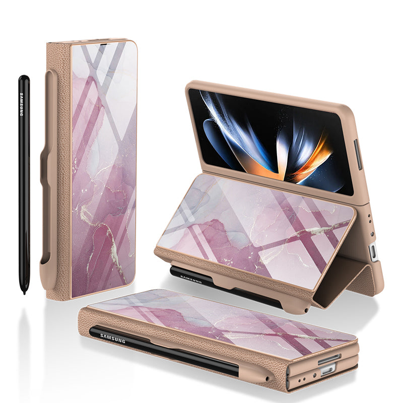 GKK til Samsung Galaxy Z Fold4 5G mønster telefonetui PU læder hærdet glas PC beskyttelsescover med kuglepen