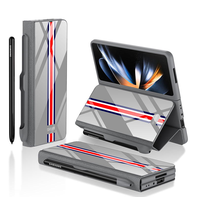 GKK til Samsung Galaxy Z Fold4 5G mønster telefonetui PU læder hærdet glas PC beskyttelsescover med kuglepen