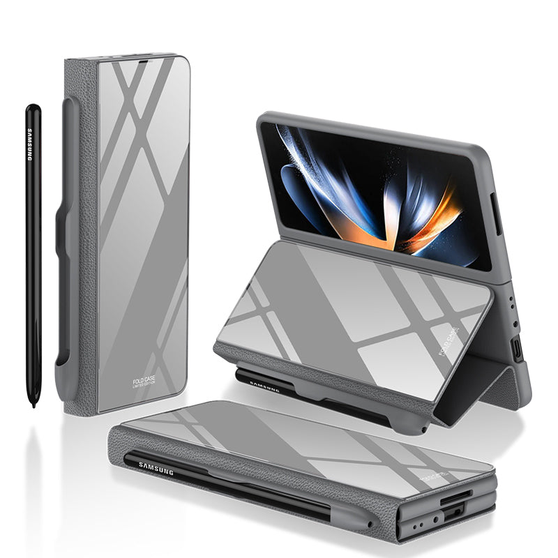 GKK til Samsung Galaxy Z Fold4 5G mønster telefonetui PU læder hærdet glas PC beskyttelsescover med kuglepen