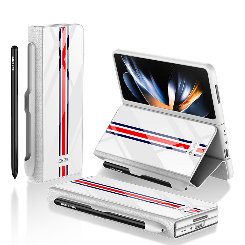 GKK til Samsung Galaxy Z Fold4 5G mønster telefonetui PU læder hærdet glas PC beskyttelsescover med kuglepen