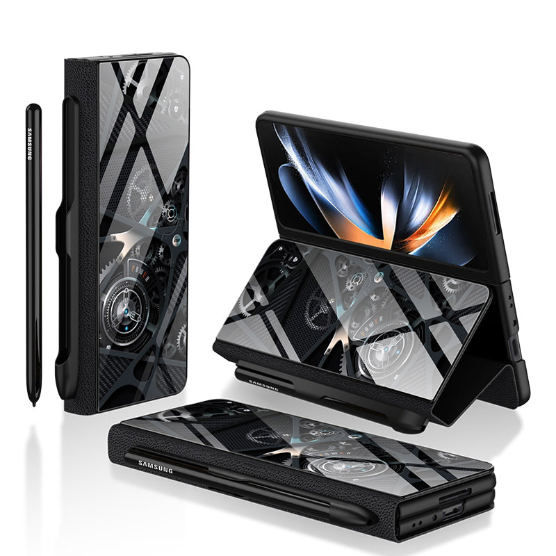 GKK til Samsung Galaxy Z Fold4 5G mønster telefonetui PU læder hærdet glas PC beskyttelsescover med kuglepen