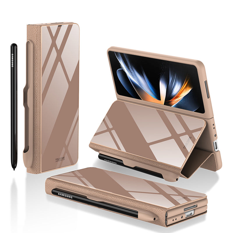 GKK For Samsung Galaxy Z Fold4 5G Pattern Phone Case PU Leather Tempered Glass PC Protective Cover with Pen Slot
