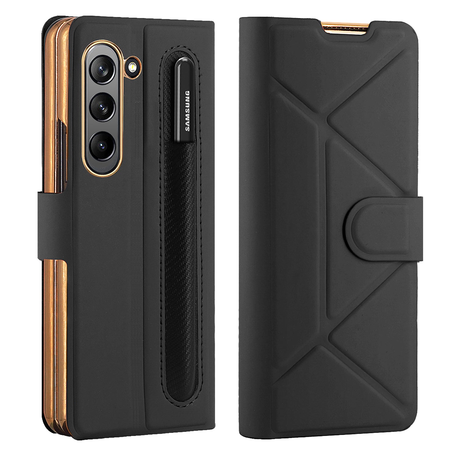 GKK For Samsung Galaxy Z Fold5 5G PU Leather Phone Case Pencil Slot Design Kickstand Cover with Tempered Glass Film