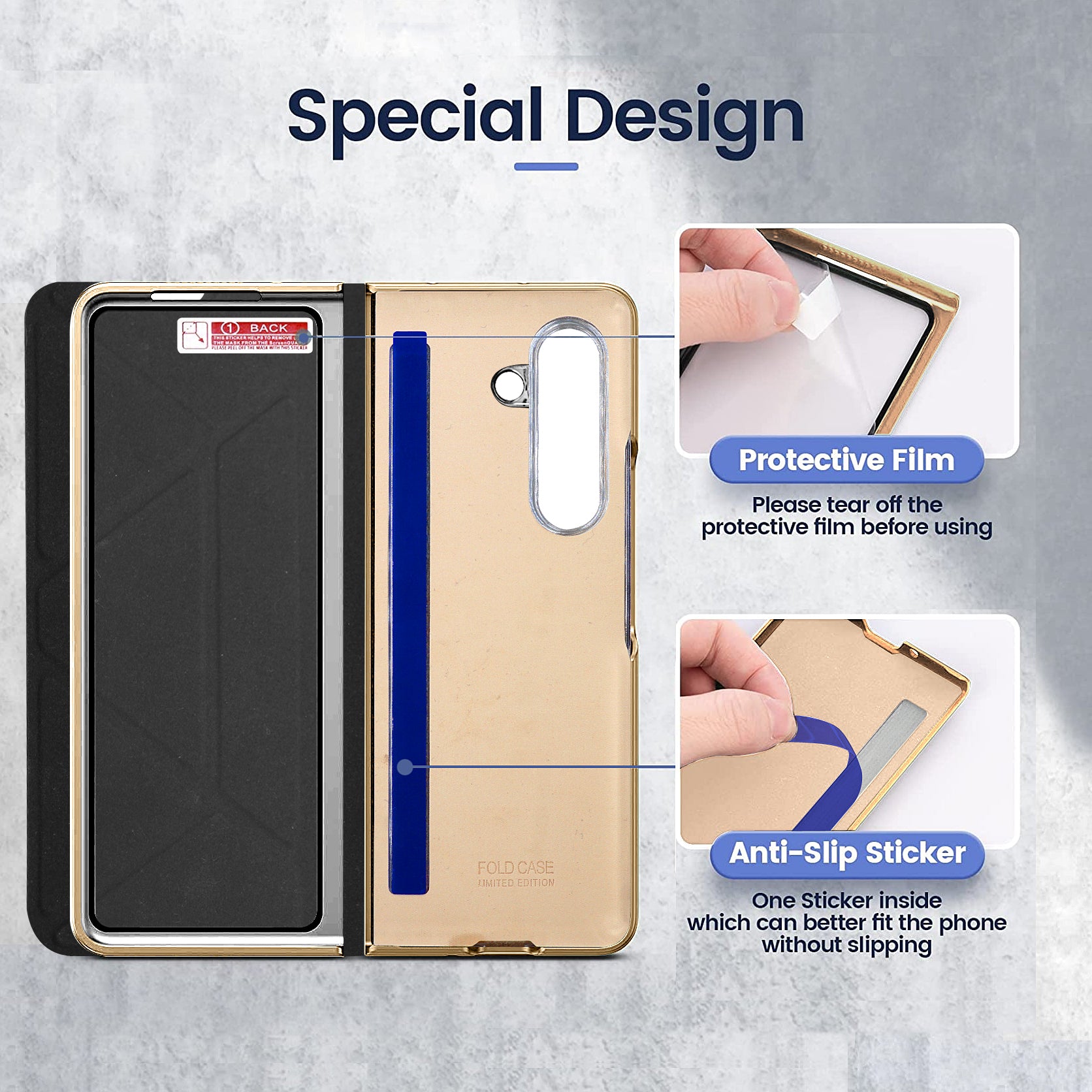 GKK For Samsung Galaxy Z Fold5 5G PU Leather Phone Case Pencil Slot Design Kickstand Cover with Tempered Glass Film