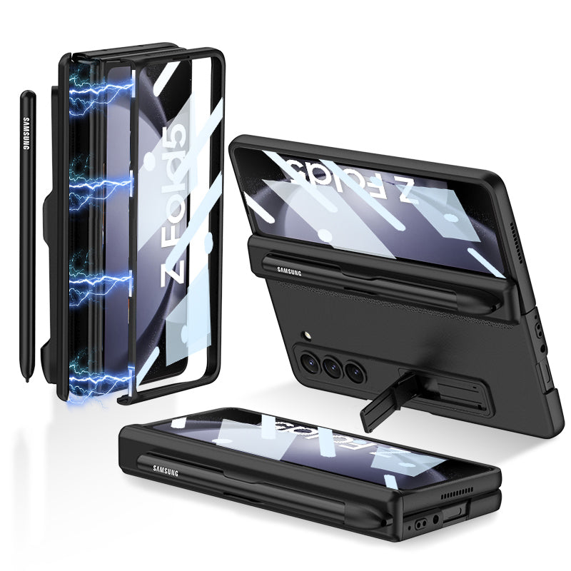 GKK For Samsung Galaxy Z Fold5 5G Pen Slot PC Phone Case Kickstand Magnetic Cover with Tempered Glass Screen Film