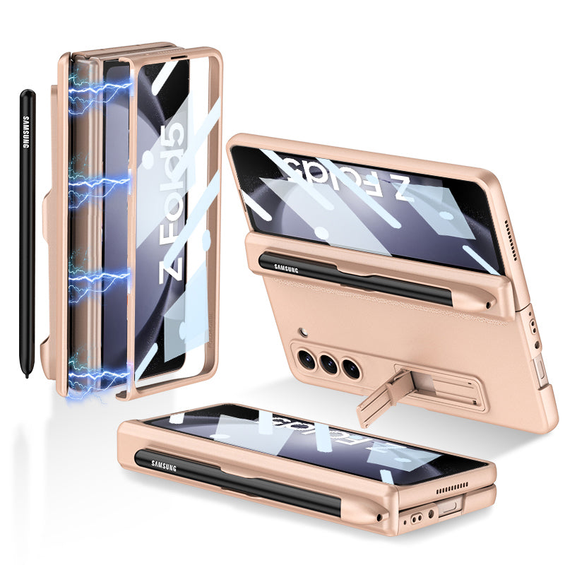 GKK For Samsung Galaxy Z Fold5 5G Pen Slot PC Phone Case Kickstand Magnetic Cover with Tempered Glass Screen Film