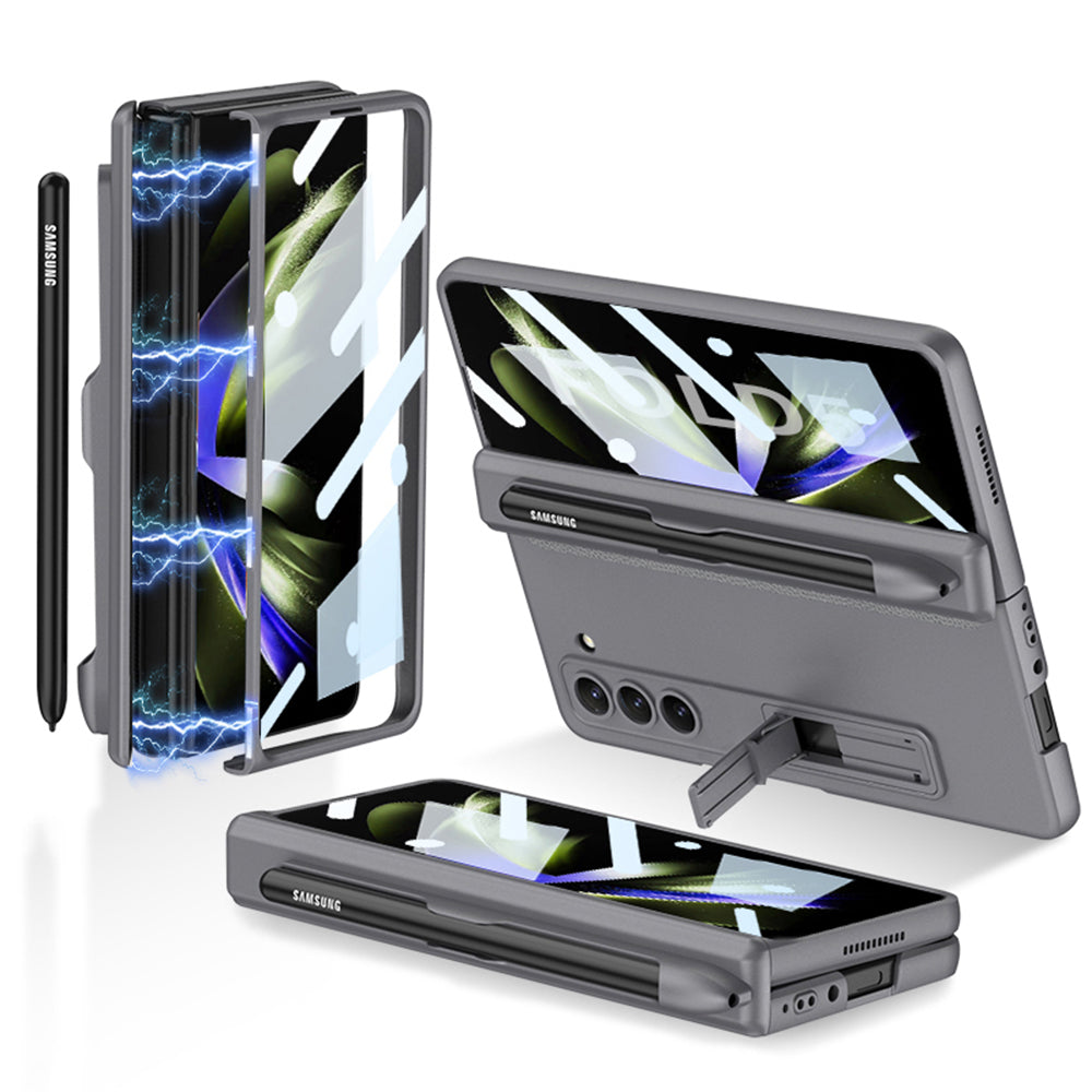 GKK For Samsung Galaxy Z Fold5 5G Pen Slot PC Phone Case Kickstand Magnetic Cover with Tempered Glass Screen Film