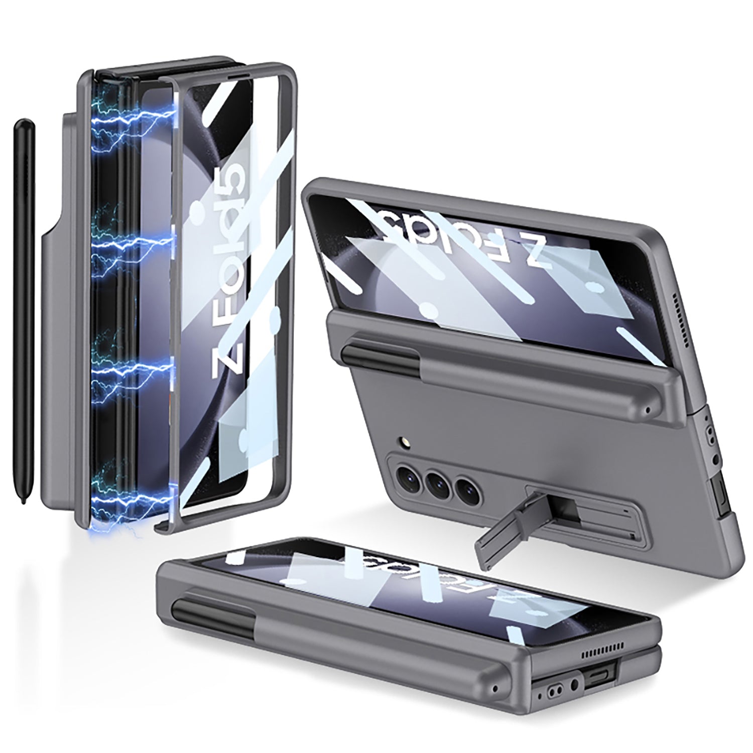 GKK For Samsung Galaxy Z Fold5 5G Hard PC Kickstand Phone Case Magnetic Hinge Protection Cover with Pen Slot Tempered Glass Screen Film