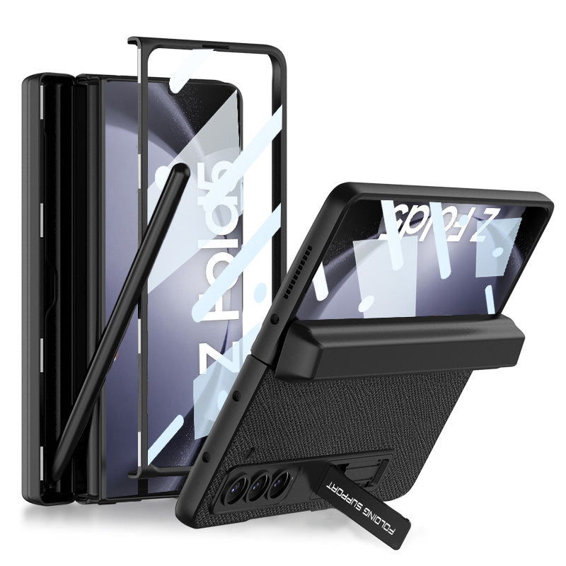 GKK For Samsung Galaxy Z Fold5 5G Magnetic Hinge Protection Case Pen Holder Leather PC Kickstand Phone Cover with Tempered Glass Film
