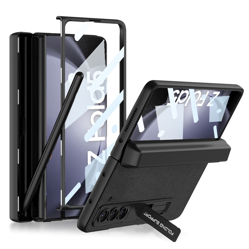 GKK For Samsung Galaxy Z Fold5 5G Magnetic Hinge Protection Case Pen Holder Leather PC Kickstand Phone Cover with Tempered Glass Film