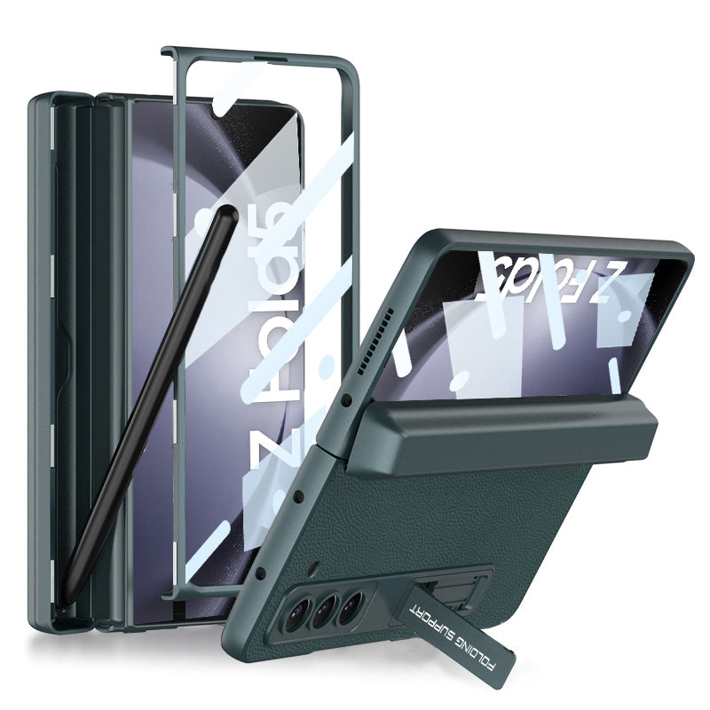 GKK For Samsung Galaxy Z Fold5 5G Magnetic Hinge Protection Case Pen Holder Leather PC Kickstand Phone Cover with Tempered Glass Film