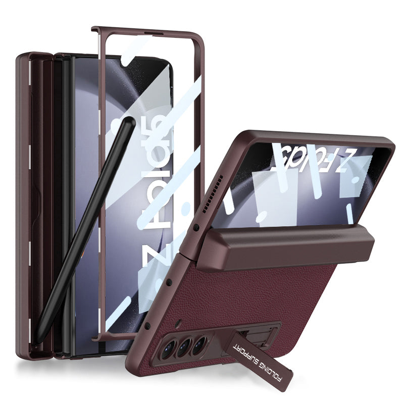 GKK For Samsung Galaxy Z Fold5 5G Magnetic Hinge Protection Case Pen Holder Leather PC Kickstand Phone Cover with Tempered Glass Film