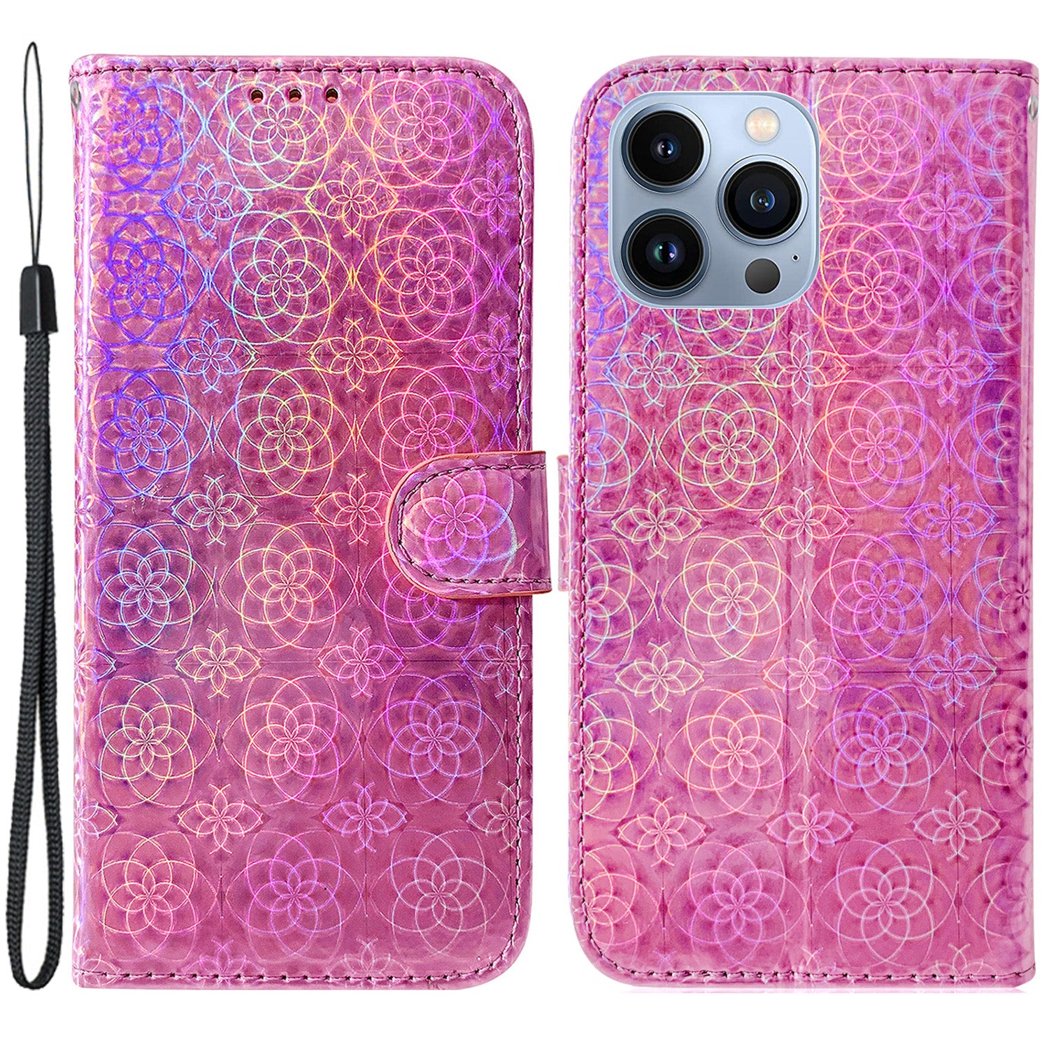 Stand Wallet Case til iPhone 15 Pro Max blændende blomstermønster læder mobiltelefon cover
