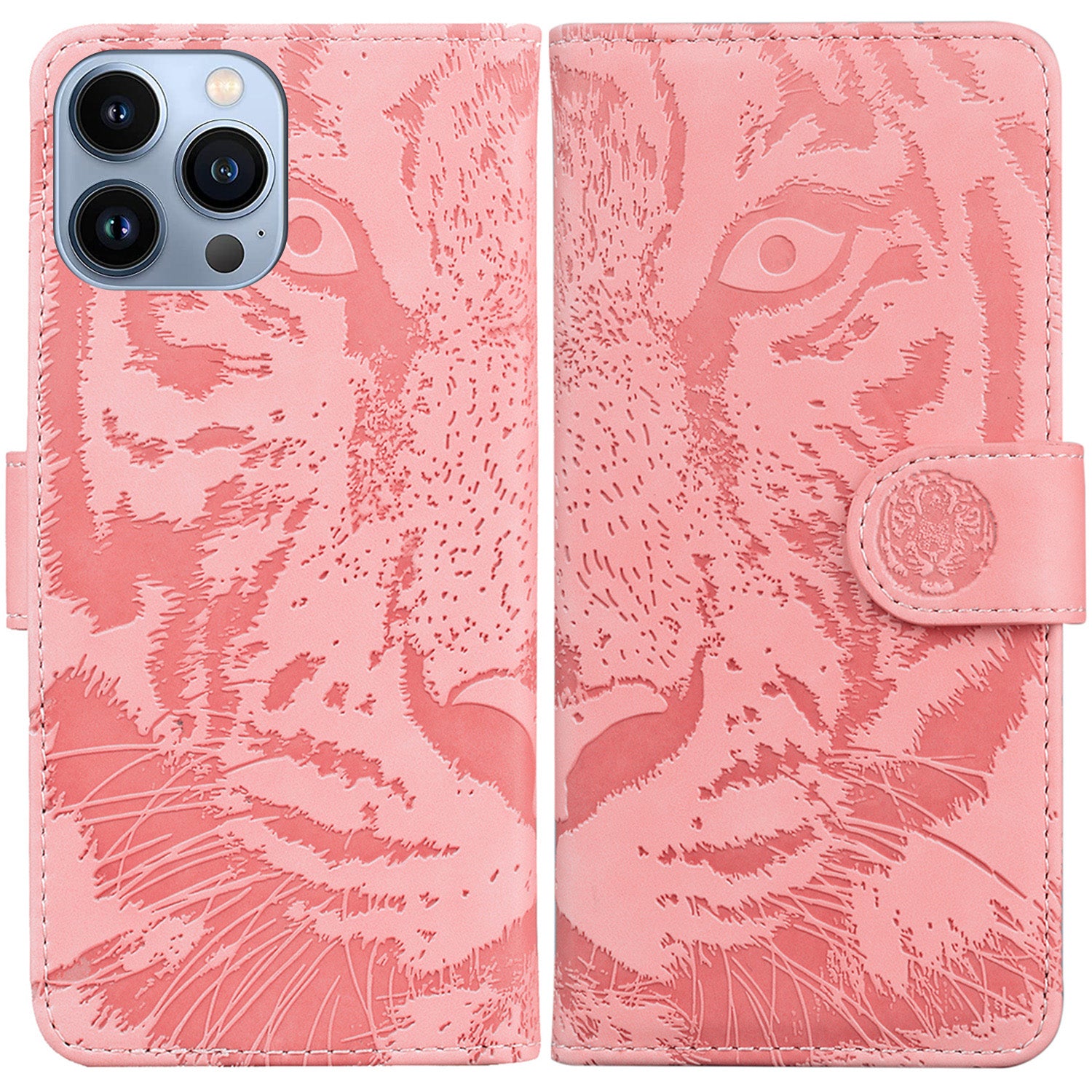For iPhone 15 Pro Imprinted Tiger Phone Leather Case Stand Wallet Phone Cover