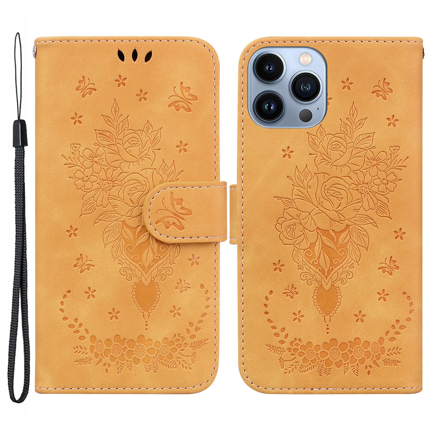 For iPhone 15 Pro Wallet Phone Case Stand Rose Butterfly Imprinted PU Leather Phone Cover