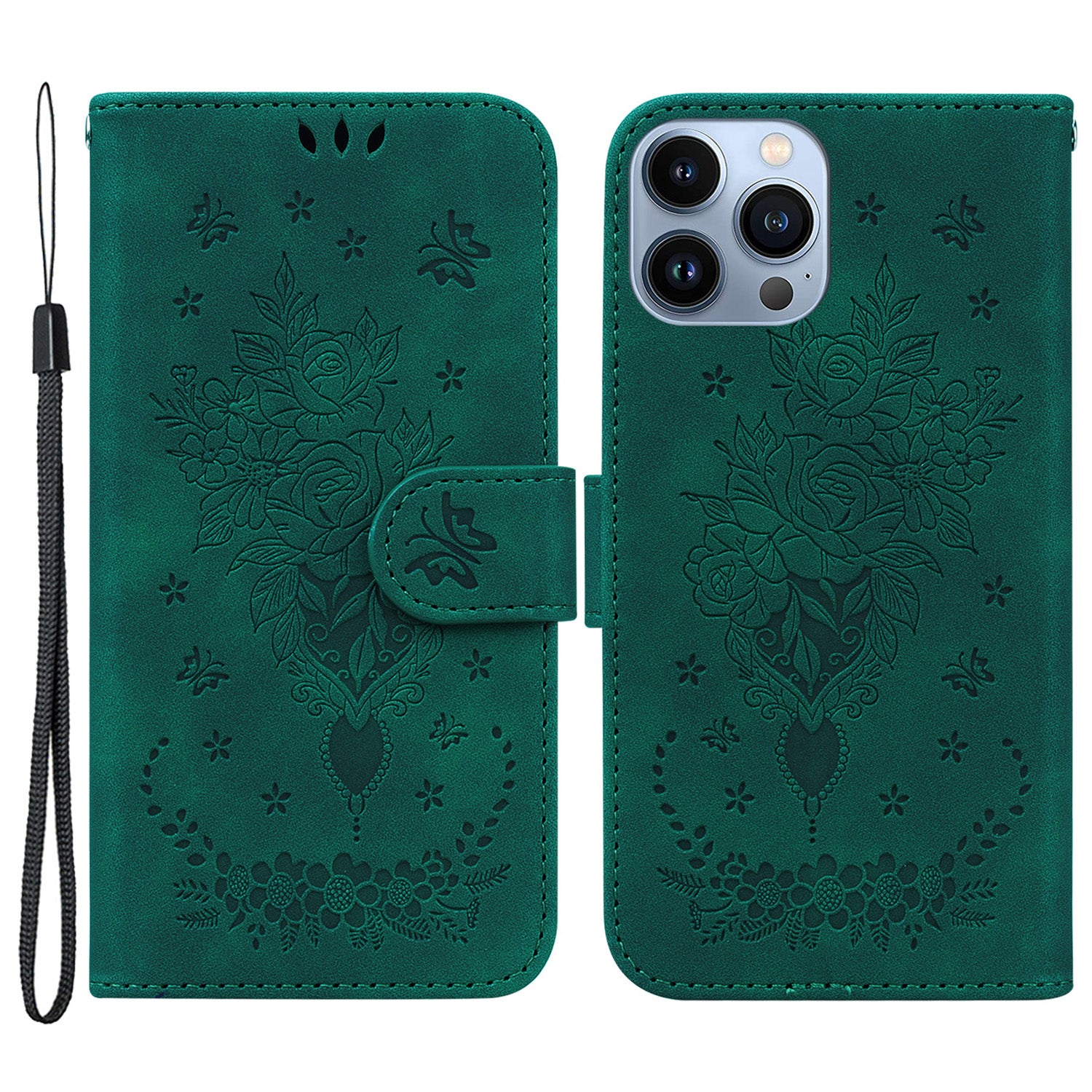 For iPhone 15 Pro Wallet Phone Case Stand Rose Butterfly Imprinted PU Leather Phone Cover
